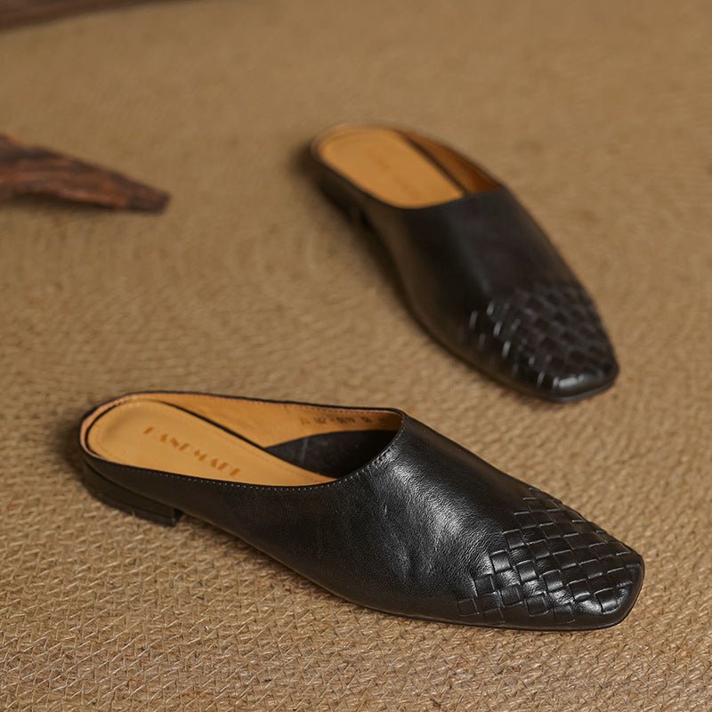 Women's Genuine Leather Woven Square-Toe Mules