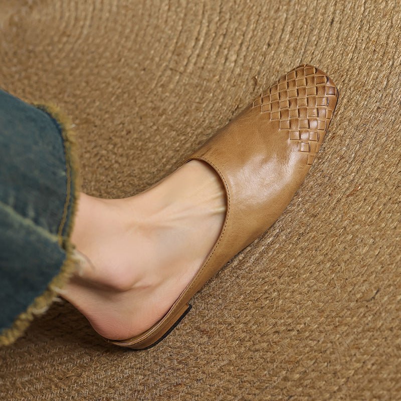 Women's Genuine Leather Woven Square-Toe Mules