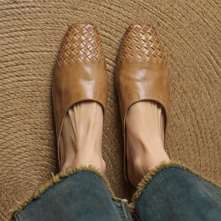 Women's Genuine Leather Woven Square-Toe Mules