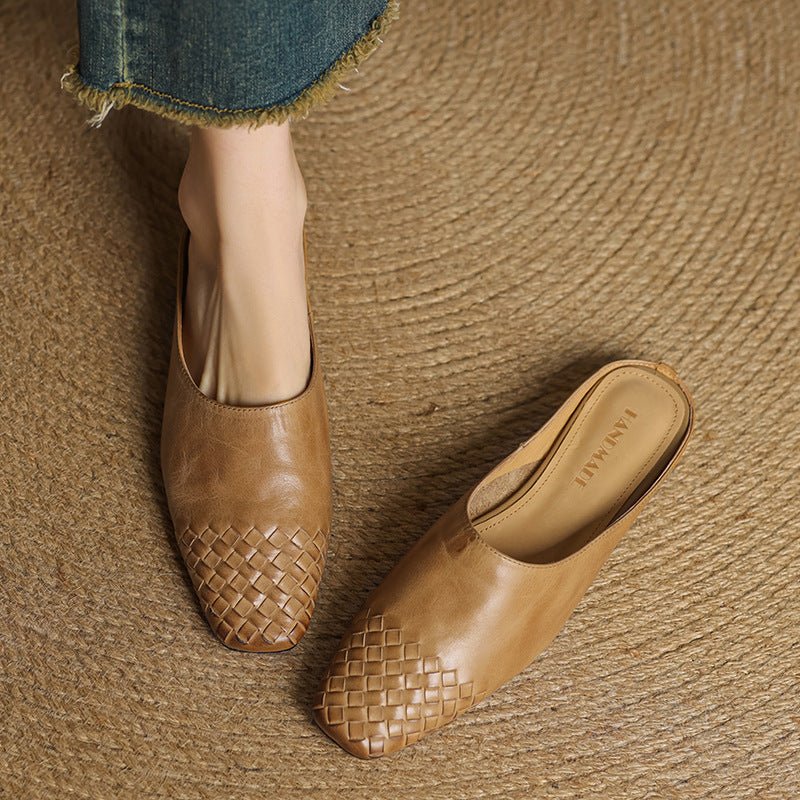 Women's Genuine Leather Woven Square-Toe Mules