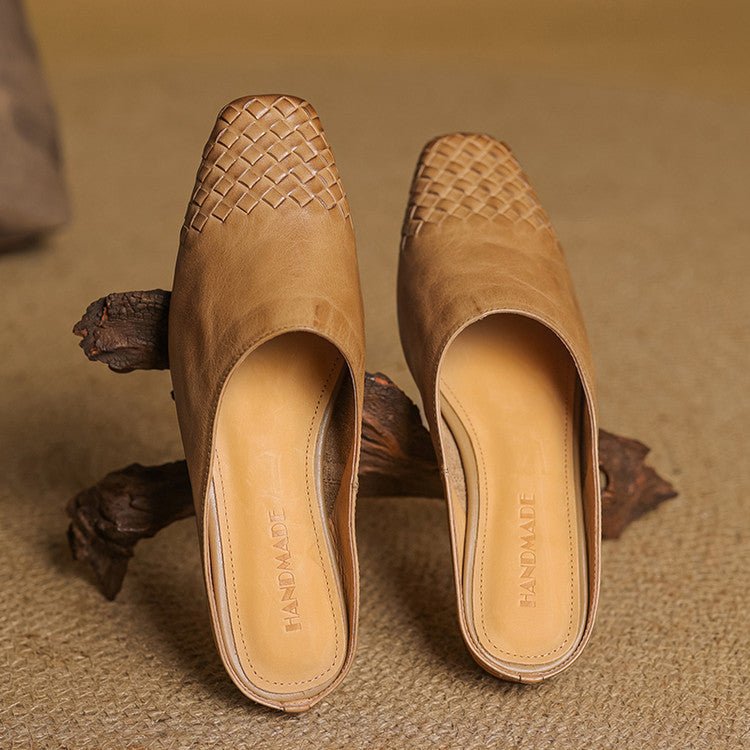 Women's Genuine Leather Woven Square-Toe Mules