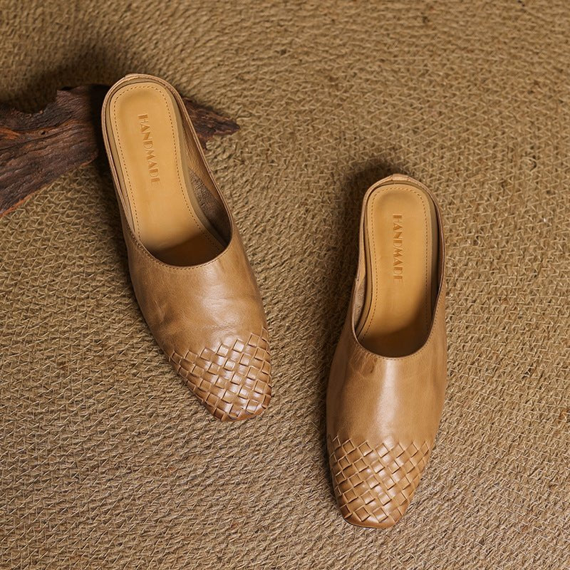 Women's Genuine Leather Woven Square-Toe Mules