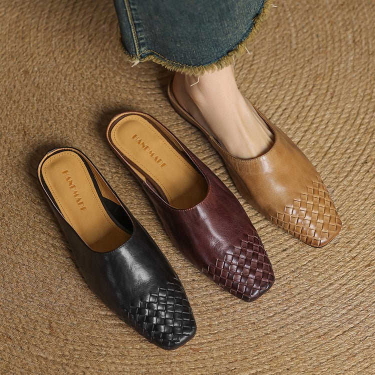 Women's Genuine Leather Woven Square-Toe Mules