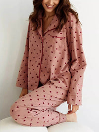 Women's Heart Print Pyjama Set – Piped Trim & Classic Cut