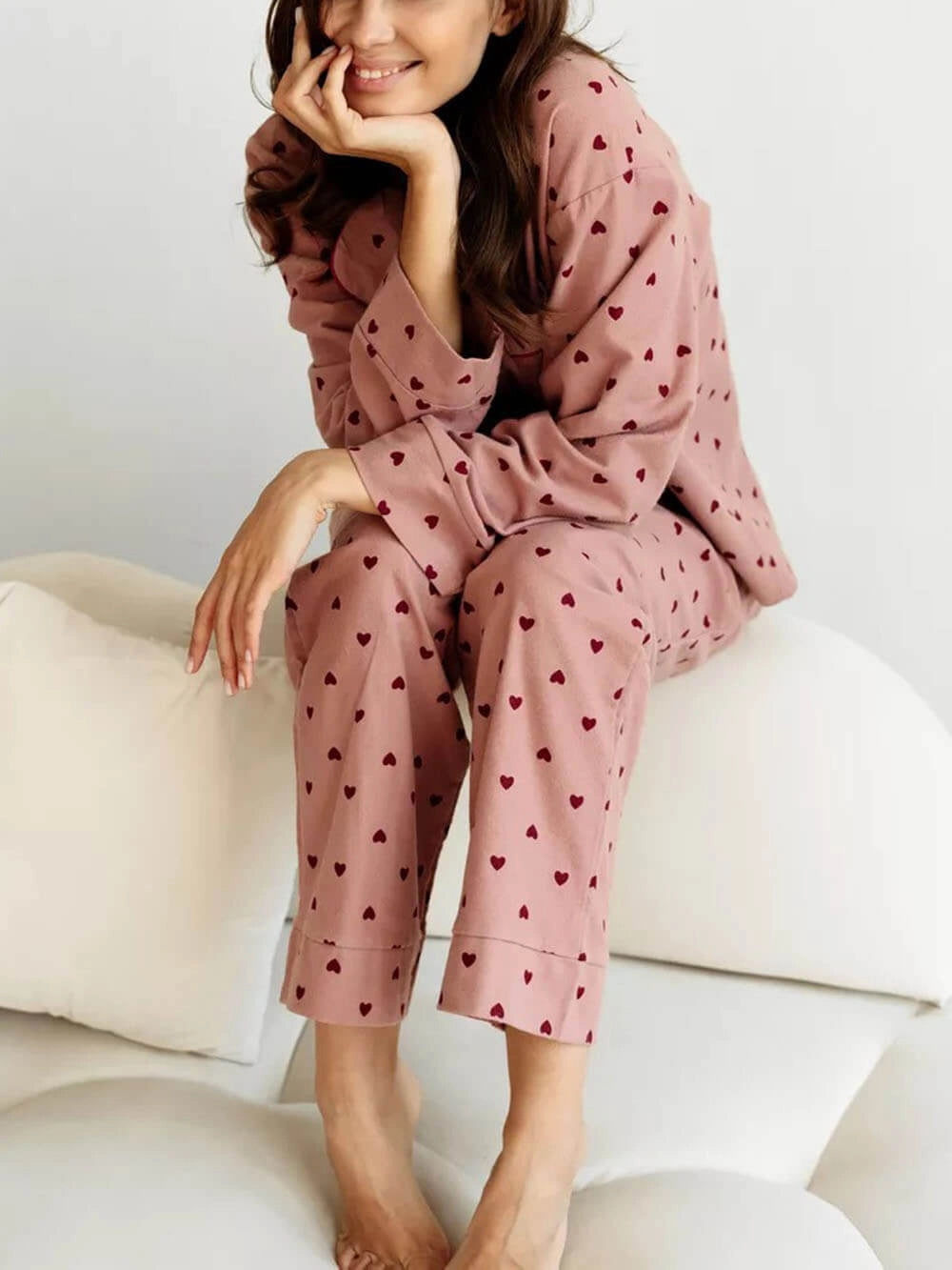 Women's Heart Print Pyjama Set – Piped Trim & Classic Cut