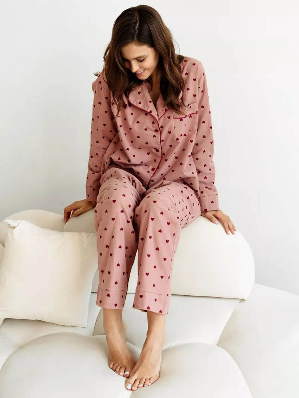 Women's Heart Print Pyjama Set – Piped Trim & Classic Cut