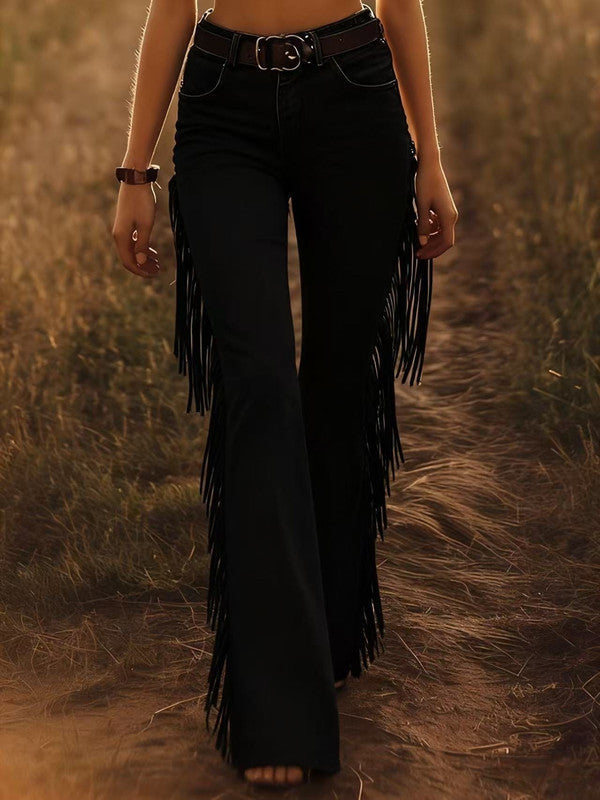 Women's High-Waist Side-Fringe Western Flare Jeans