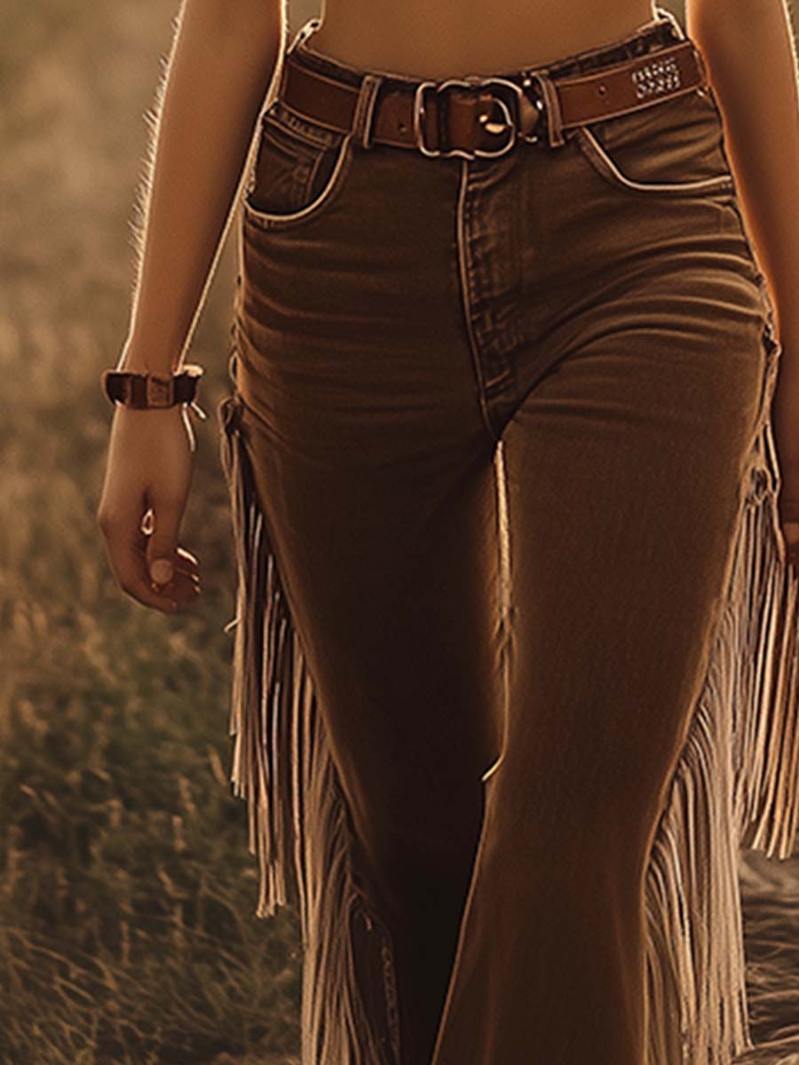 Women's High-Waist Side-Fringe Western Flare Jeans