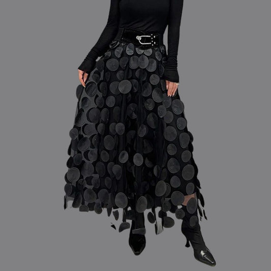 Women's High-Waisted Midi Skirt with Round Appliqués