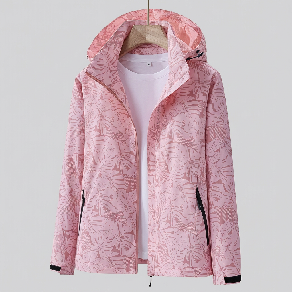 Women's Hooded Waterproof Jacket with Leaf Pattern