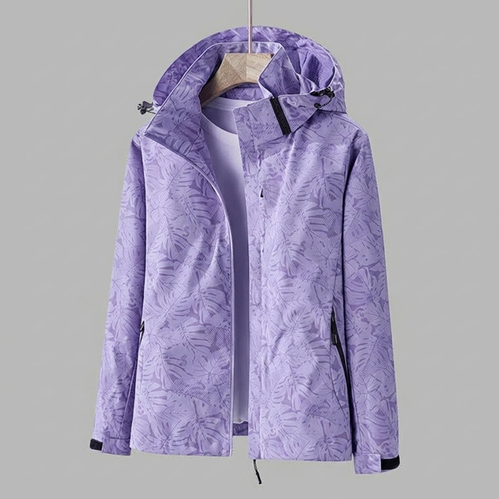 Women's Hooded Waterproof Jacket with Leaf Pattern