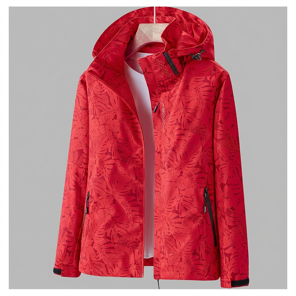 Women's Hooded Waterproof Jacket with Leaf Pattern