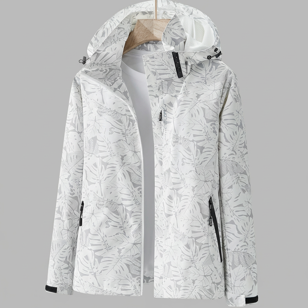 Women's Hooded Waterproof Jacket with Leaf Pattern