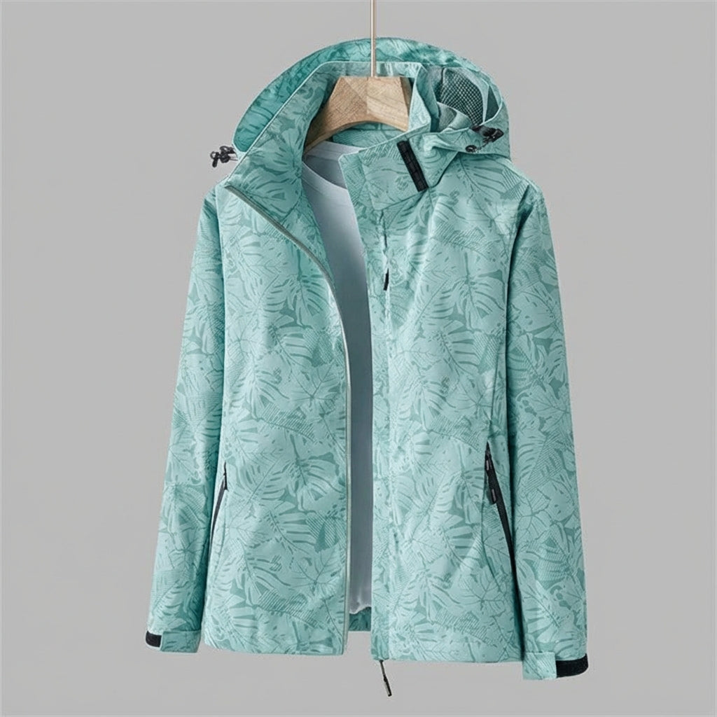 Women's Hooded Waterproof Jacket with Leaf Pattern