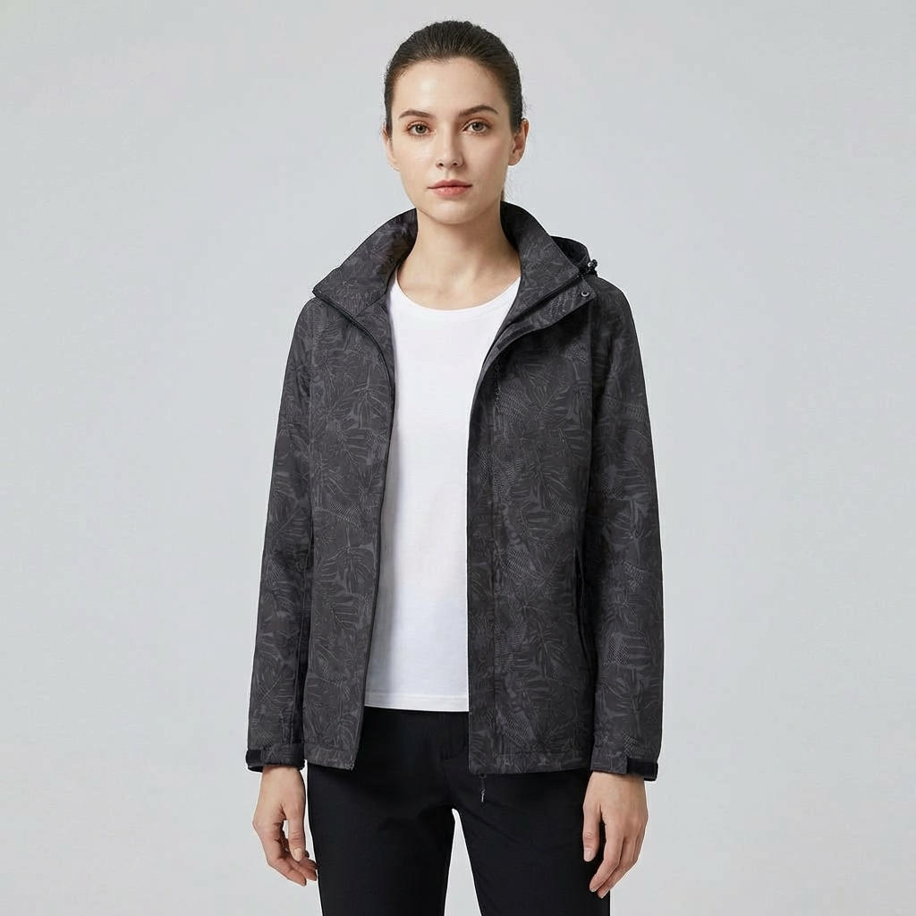 Women's Hooded Waterproof Jacket with Leaf Pattern