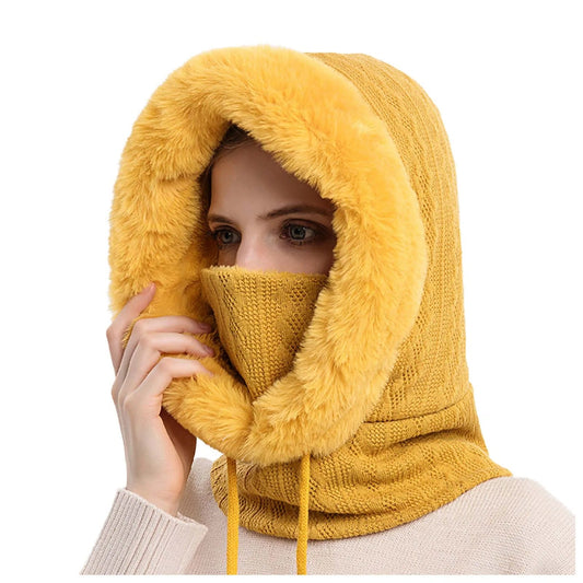 Women's Knit Fur-Trimmed Hooded Beanie with Face Cover