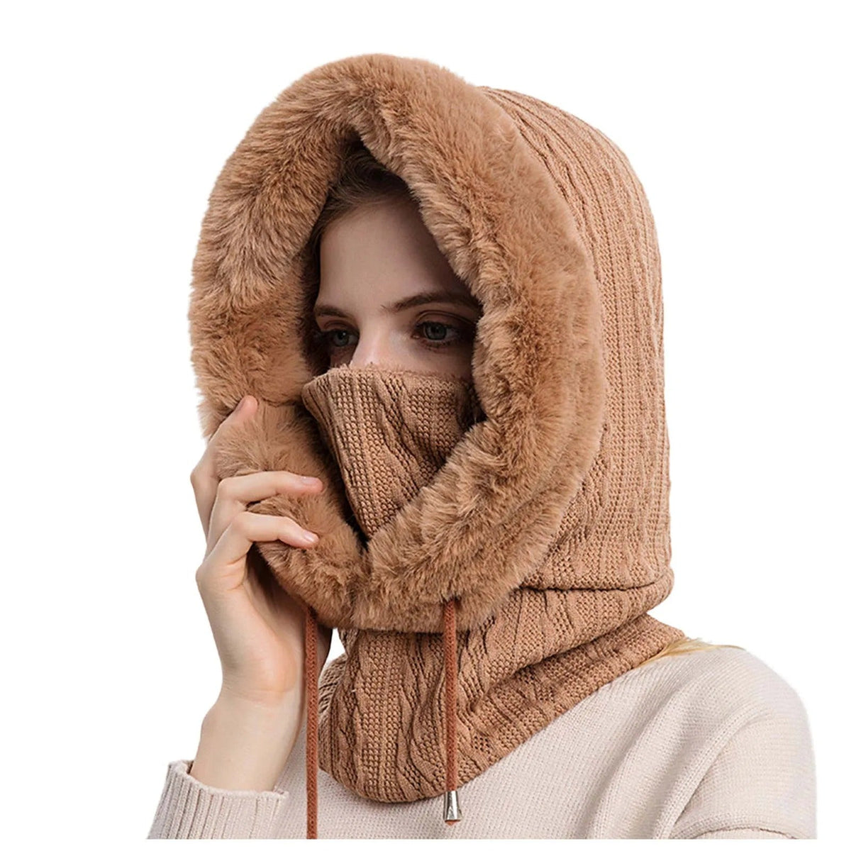 Women's Knit Fur-Trimmed Hooded Beanie with Face Cover