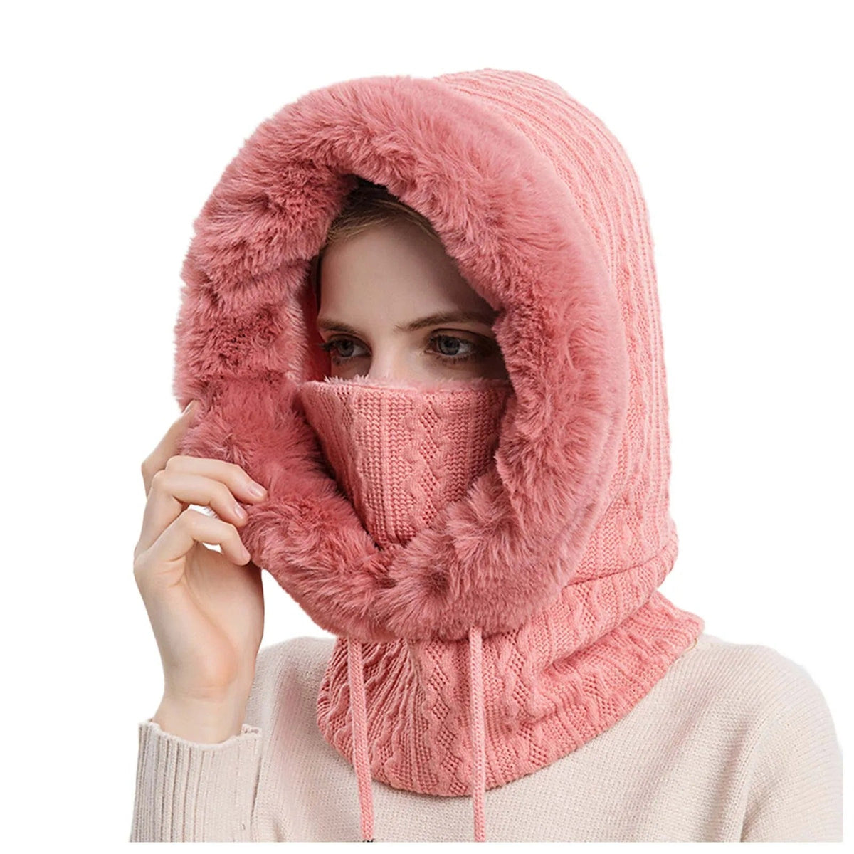 Women's Knit Fur-Trimmed Hooded Beanie with Face Cover