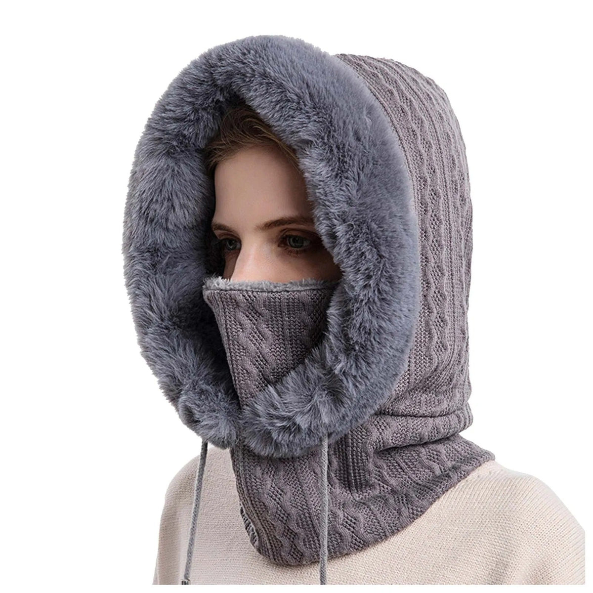 Women's Knit Fur-Trimmed Hooded Beanie with Face Cover