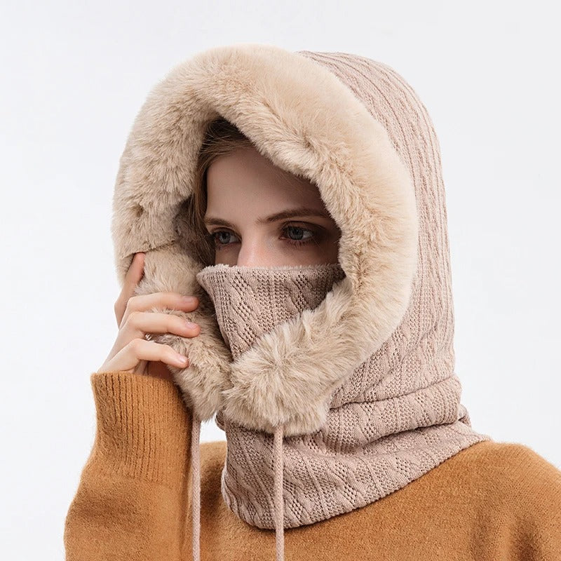 Women's Knit Fur-Trimmed Hooded Beanie with Face Cover