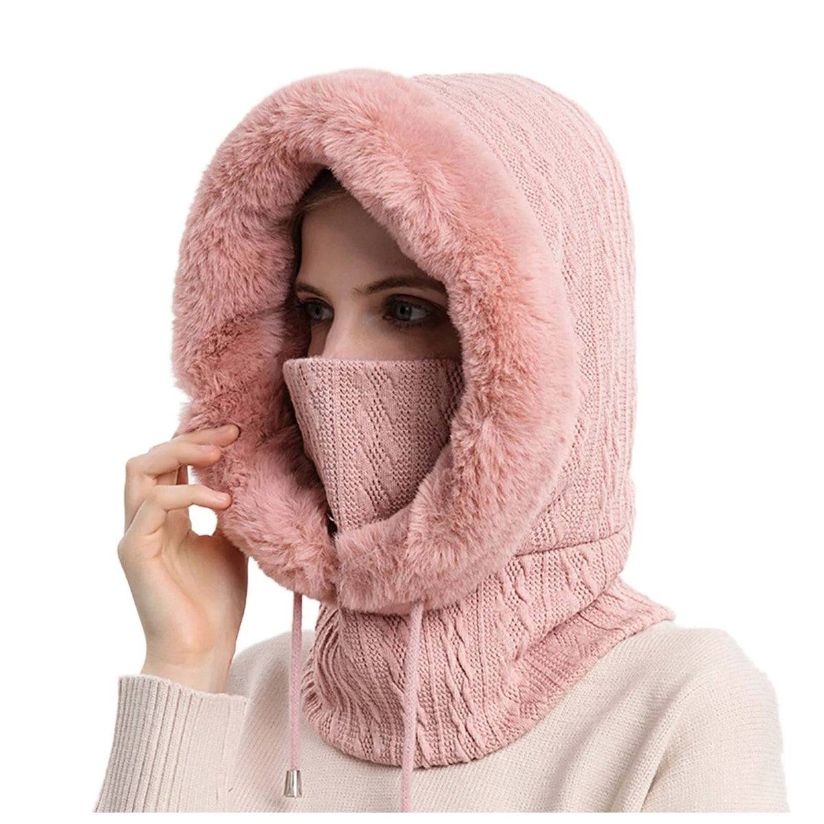 Women's Knit Fur-Trimmed Hooded Beanie with Face Cover