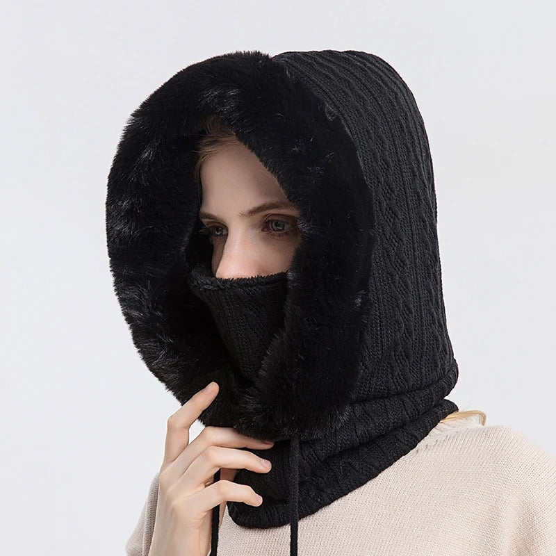 Women's Knit Fur-Trimmed Hooded Beanie with Face Cover