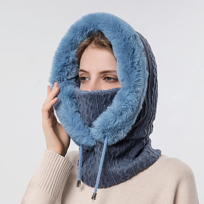 Women's Knit Fur-Trimmed Hooded Beanie with Face Cover