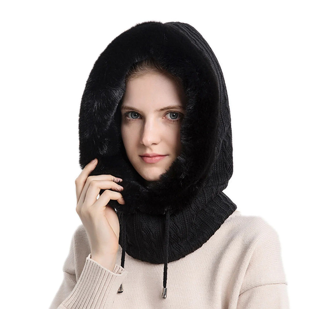 Women's Knit Fur-Trimmed Hooded Beanie with Face Cover