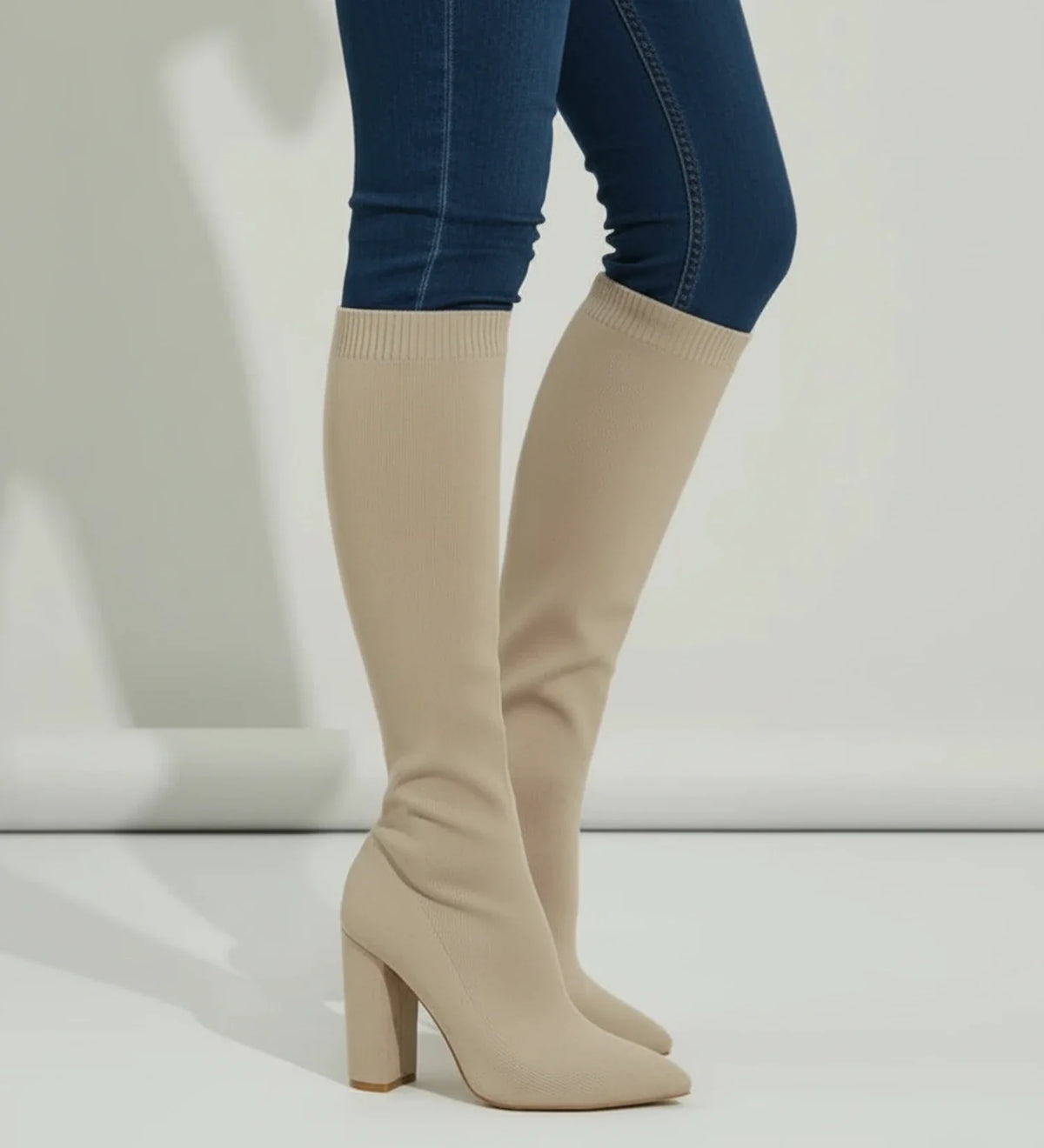 Women's Knit Knee-High Heeled Boots