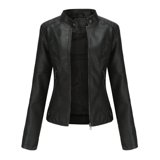 Women's Leather Jacket with Mandarin Collar