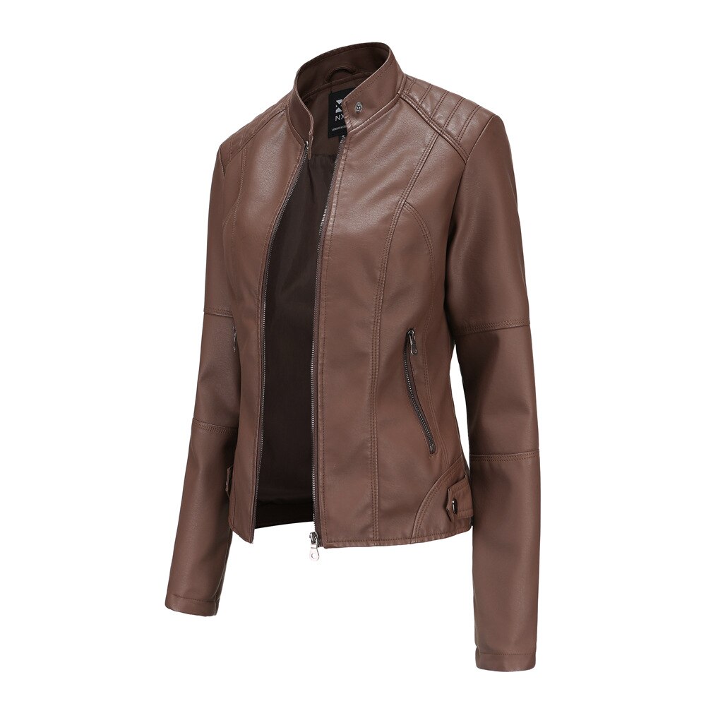 Women's Leather Jacket with Mandarin Collar