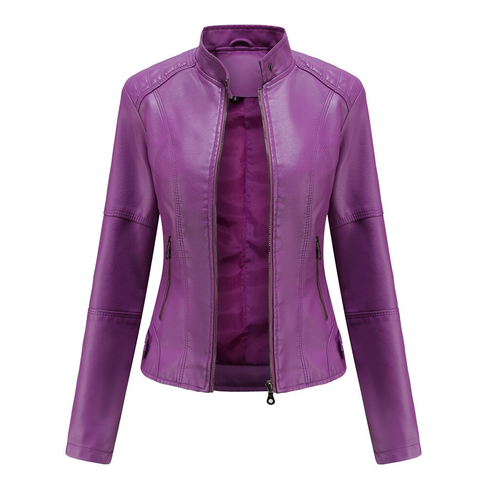 Women's Leather Jacket with Mandarin Collar