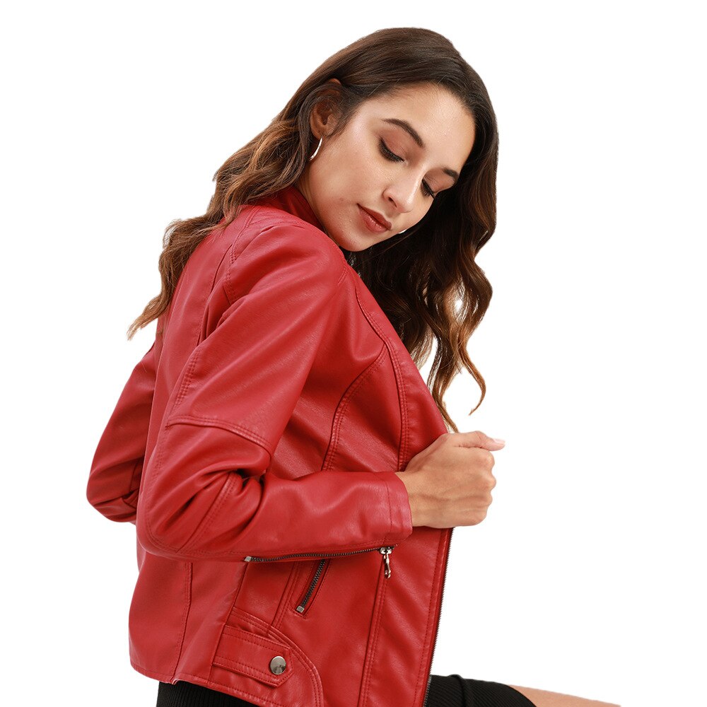 Women's Leather Jacket with Mandarin Collar