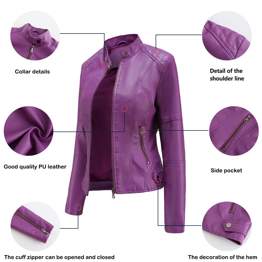 Women's Leather Jacket with Mandarin Collar