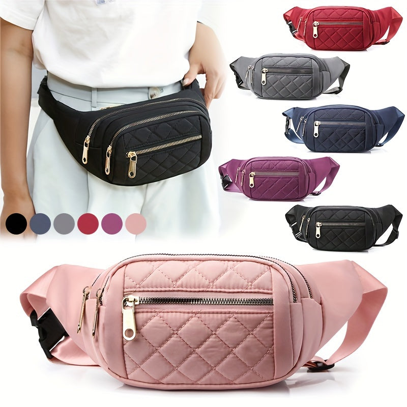 Women's Lightweight Quilted Diamond Pattern Belt Bag with Double Zipper