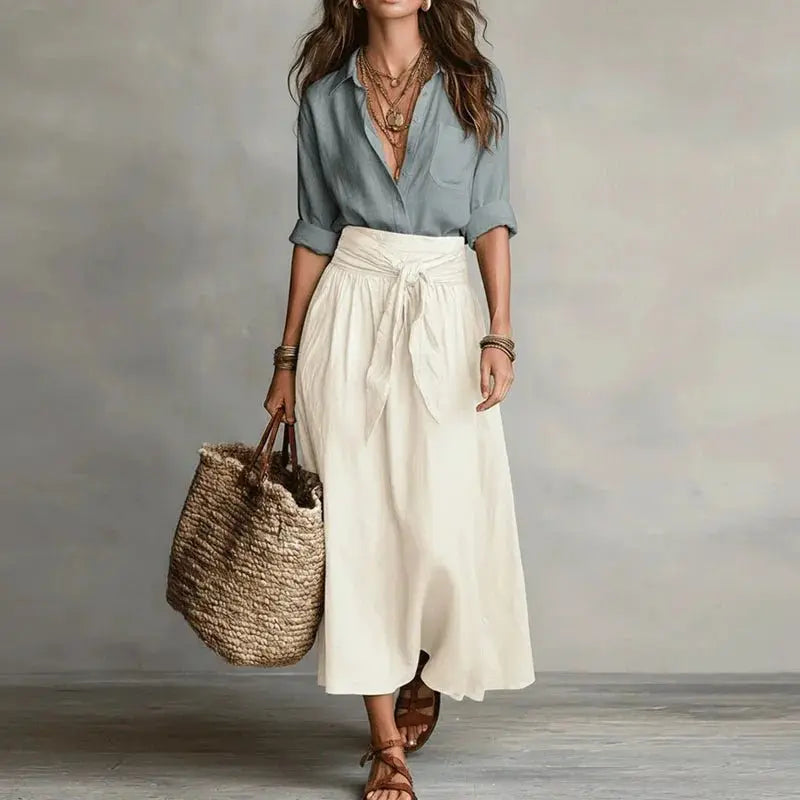 Women's Linen Co-Ord Set Button-Down Top & Midi Skirt