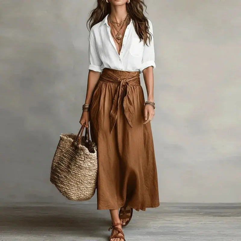 Women's Linen Co-Ord Set Button-Down Top & Midi Skirt