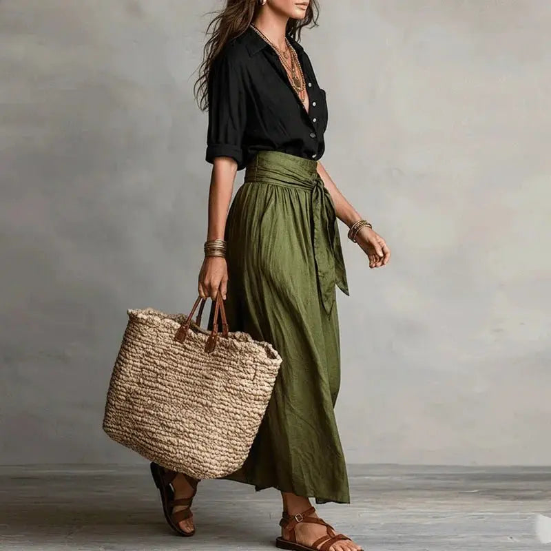 Women's Linen Co-Ord Set Button-Down Top & Midi Skirt