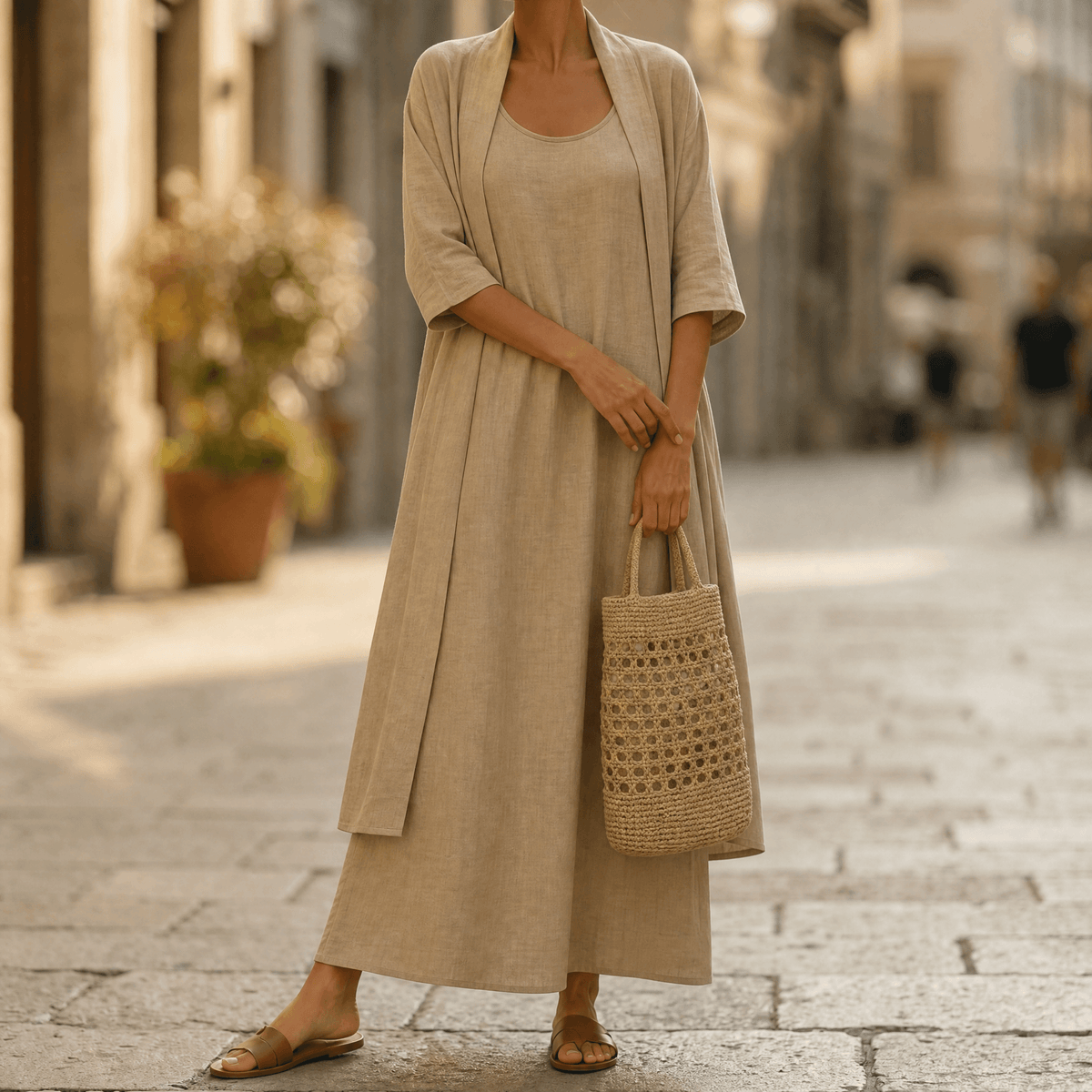 Women's Linen-Cotton Two-Piece Set with Duster Cardigan
