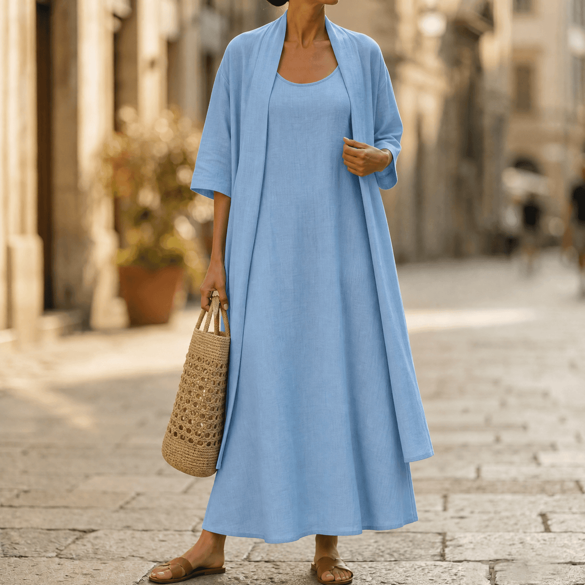 Women's Linen-Cotton Two-Piece Set with Duster Cardigan
