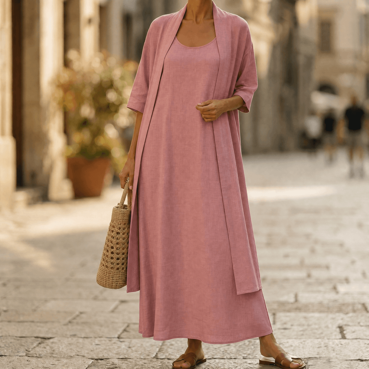 Women's Linen-Cotton Two-Piece Set with Duster Cardigan