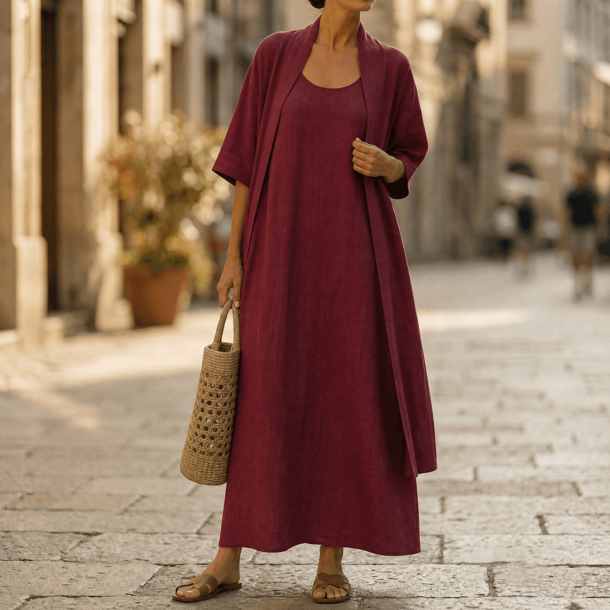 Women's Linen-Cotton Two-Piece Set with Duster Cardigan