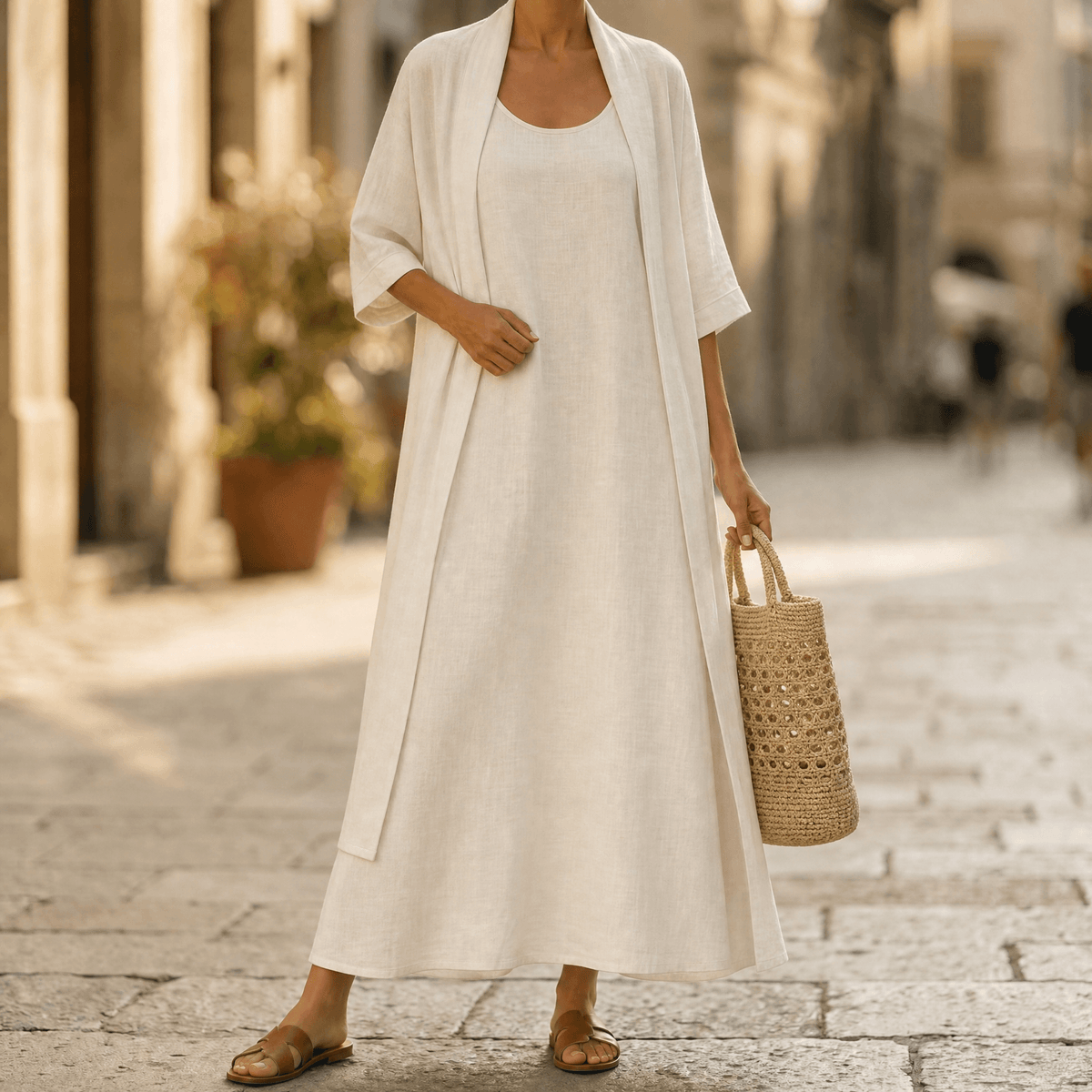 Women's Linen-Cotton Two-Piece Set with Duster Cardigan
