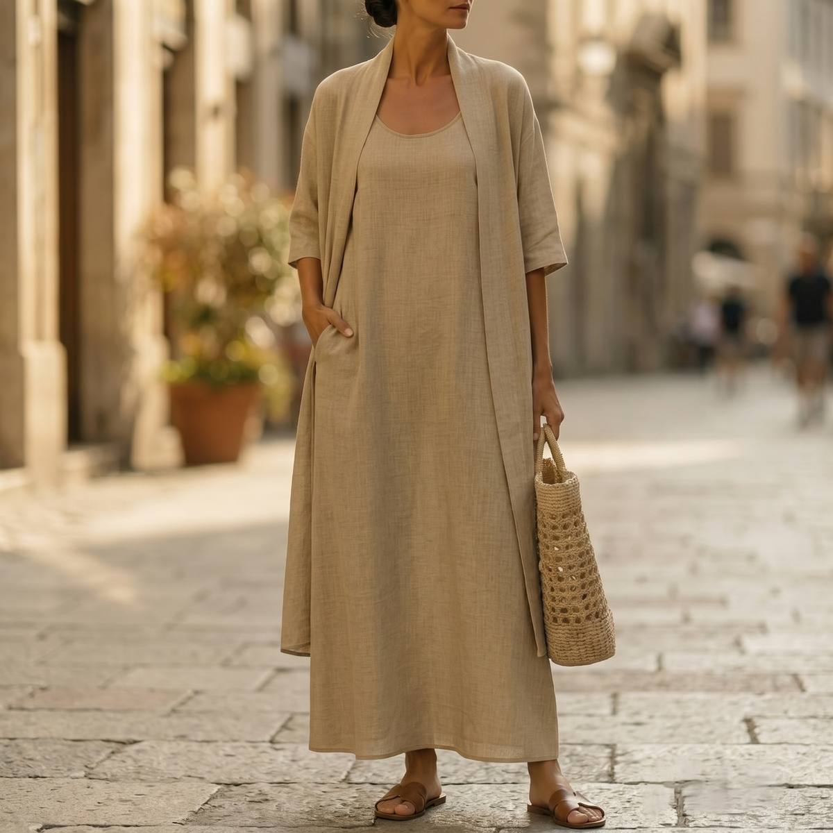 Women's Linen-Cotton Two-Piece Set with Duster Cardigan