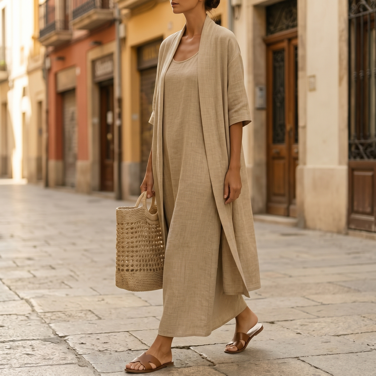 Women's Linen-Cotton Two-Piece Set with Duster Cardigan