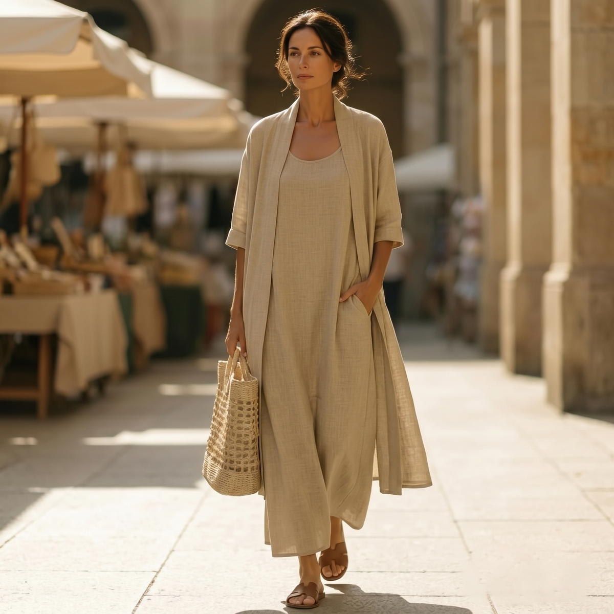 Women's Linen-Cotton Two-Piece Set with Duster Cardigan