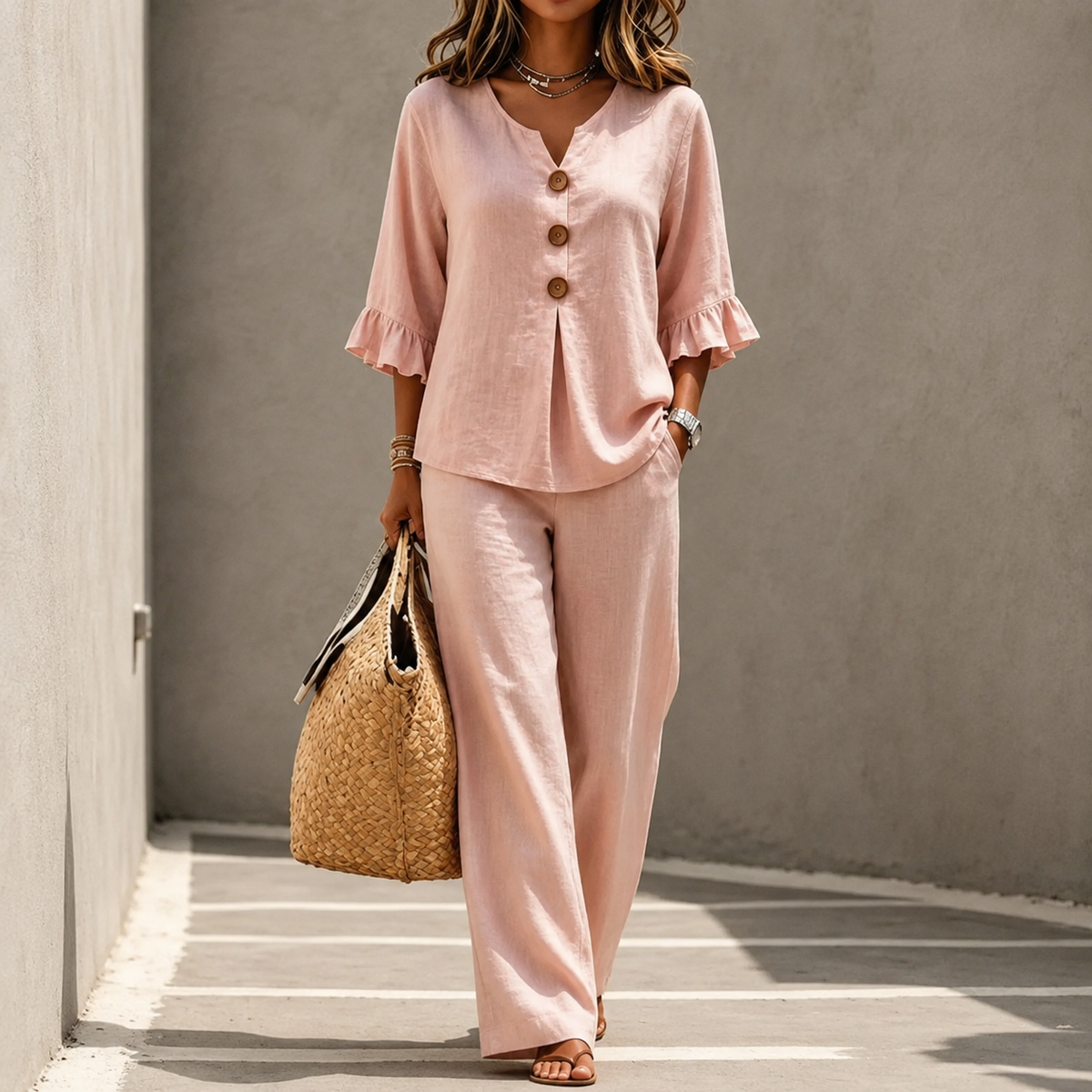 Women's Linen-Look 2-Piece Set with Ruffle-Cuff Top and Wide-Leg Trousers