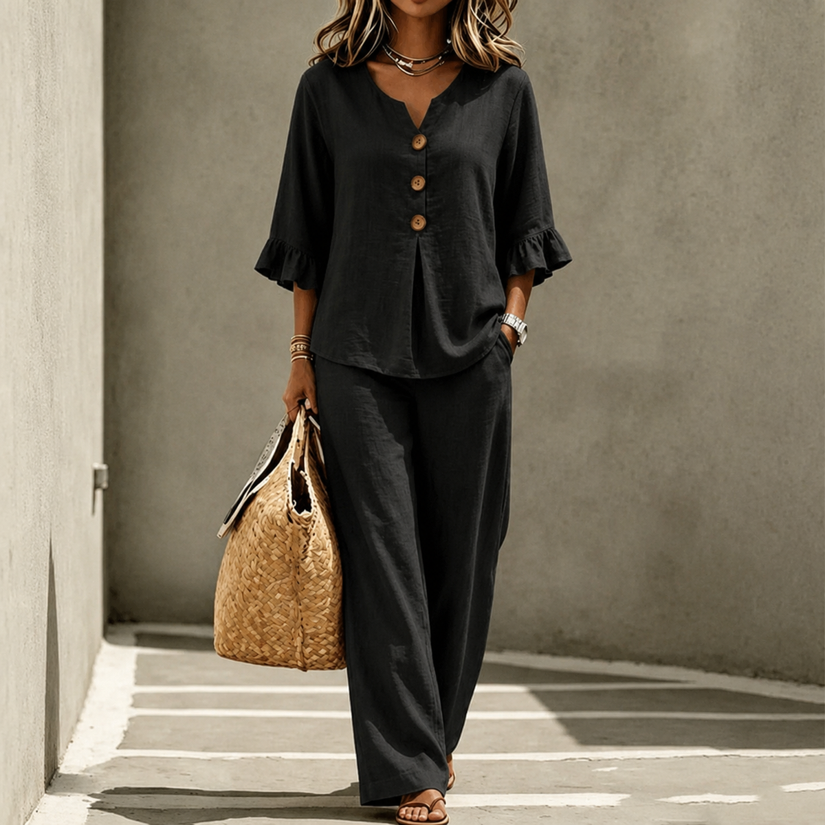 Women's Linen-Look 2-Piece Set with Ruffle-Cuff Top and Wide-Leg Trousers