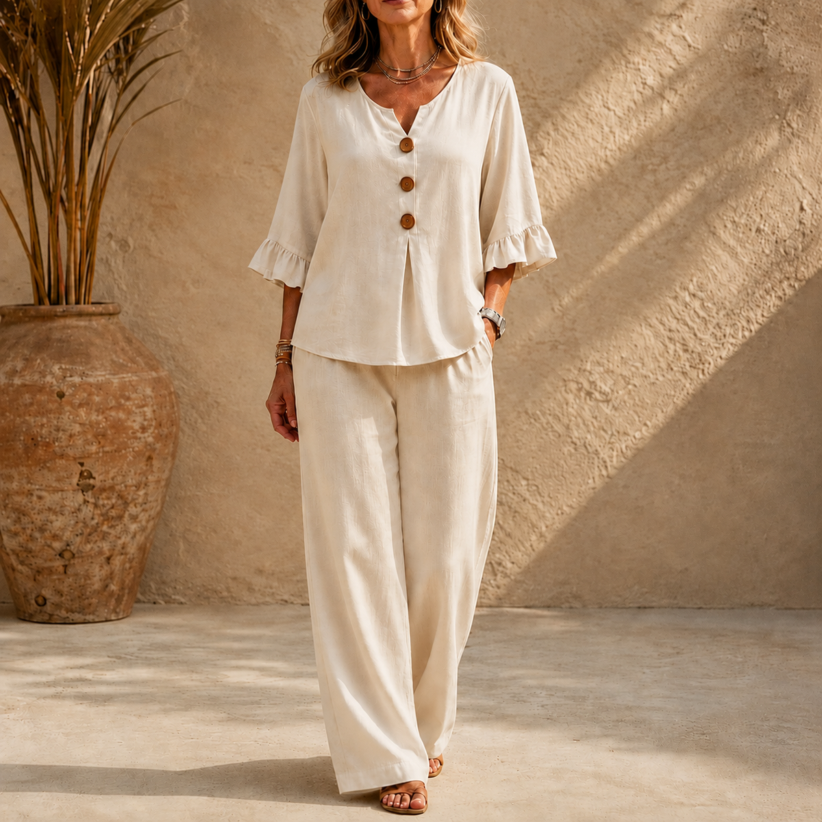 Women's Linen-Look 2-Piece Set with Ruffle-Cuff Top and Wide-Leg Trousers