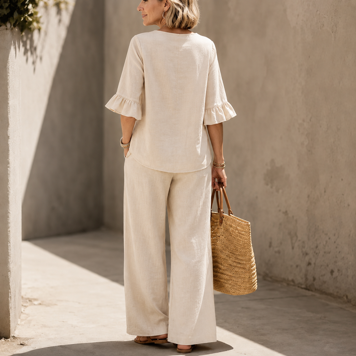 Women's Linen-Look 2-Piece Set with Ruffle-Cuff Top and Wide-Leg Trousers